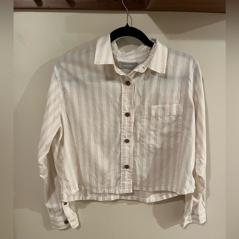 EVERLANE The Silky Cotton Way Short Shirt Sand White Stripe Small